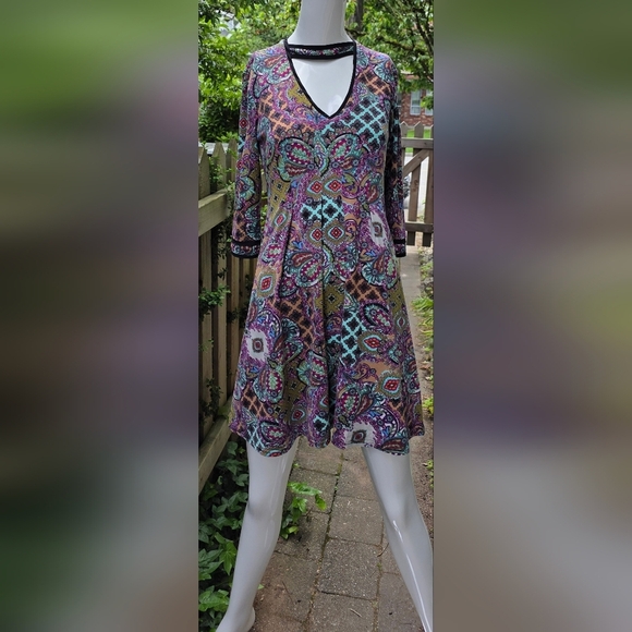 Shelly Klassen boho bright patterned dress. Fit and flair small - Picture 1 of 15